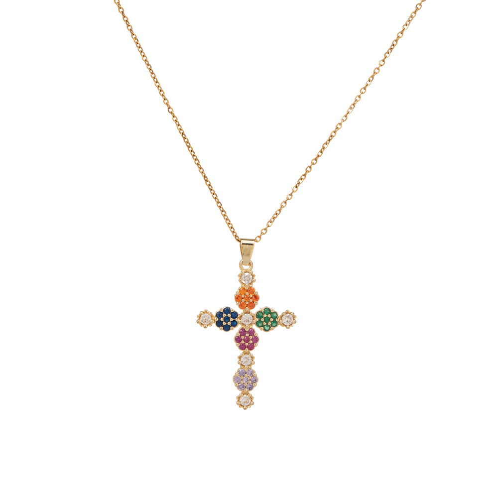 Lucia Cross Necklace stainless steel colourful zirconia crystals - gold