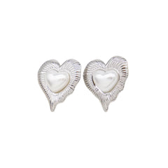 Stud Earrings Pearls Hearts Stainless Steel